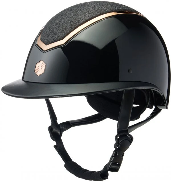 EQX Kylo Sparkly Wide Peak Riding Hat - Black Glossy/Rose Gold 1 EQX Kylo Sparkly Wide Peak Riding Hat - Black Glossy/Rose Gold